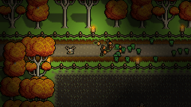 The druid fights off a wave of basic Orcs in the entrance to the Farmland.