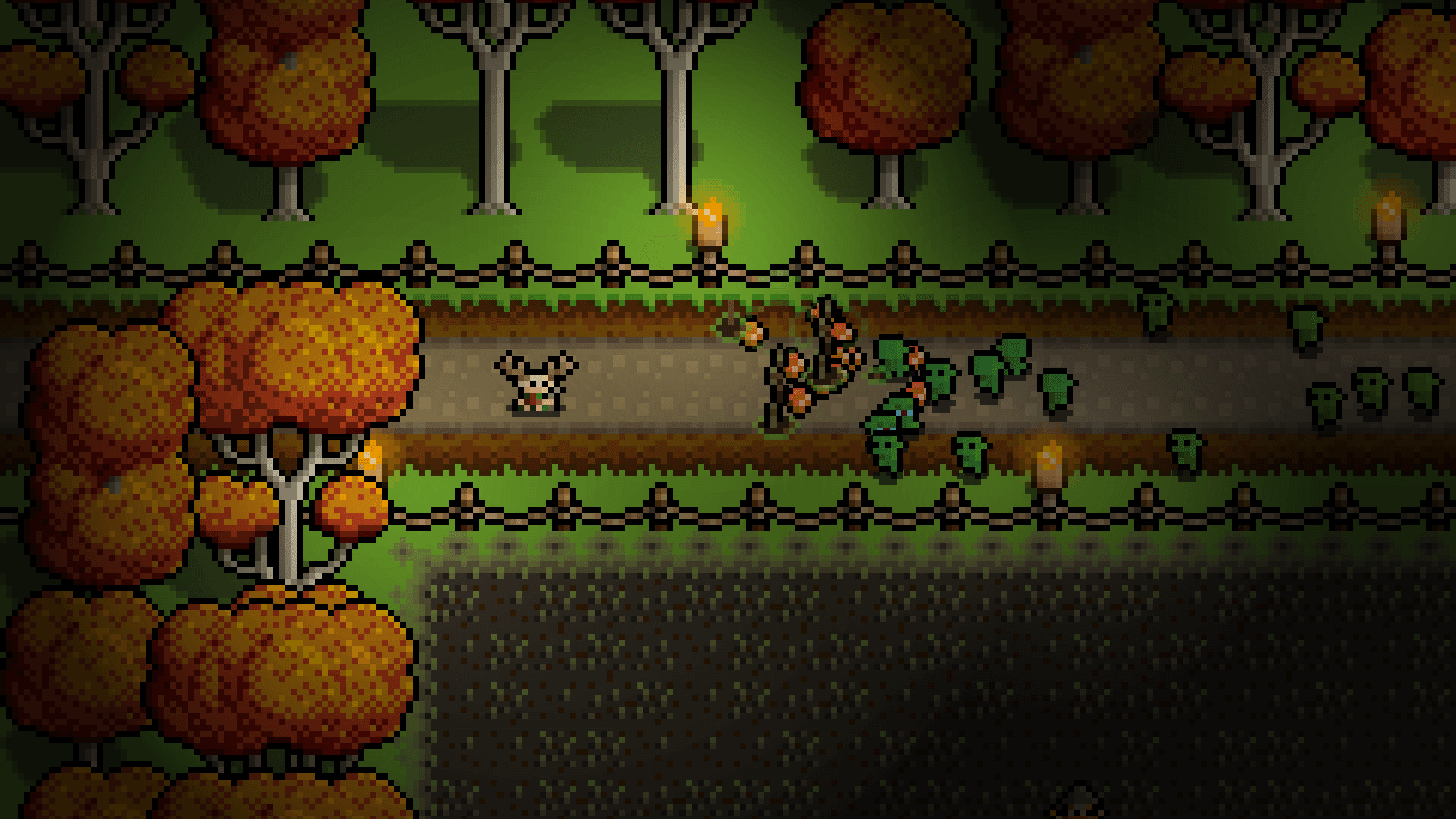 The druid fights off a wave of basic Orcs in the entrance to the Farmland.